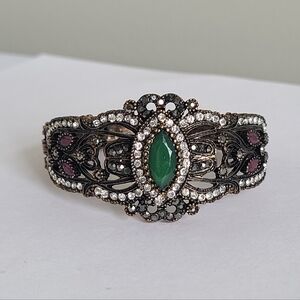 Vintage Boho Bronze Metallic Faux Ruby Emerald Visson Hinged Bangle Bracelet